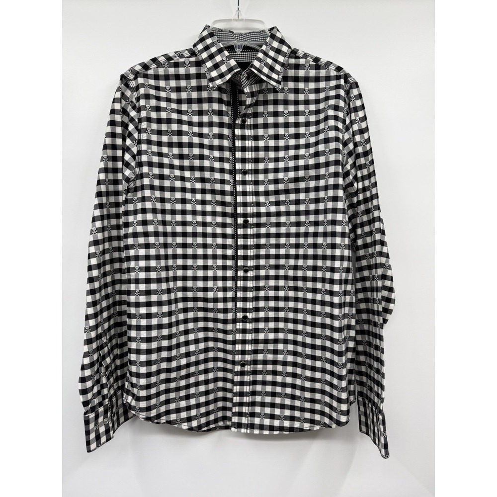 Age Of Wisdom Mens SM Long Sleeve Button Front Shirt With Skulls Black & White